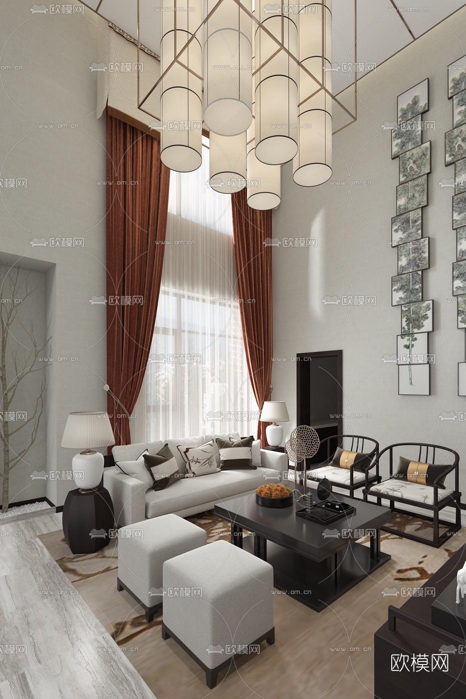 世阆设计新中式别墅客厅3D模型下载（渲染图1）