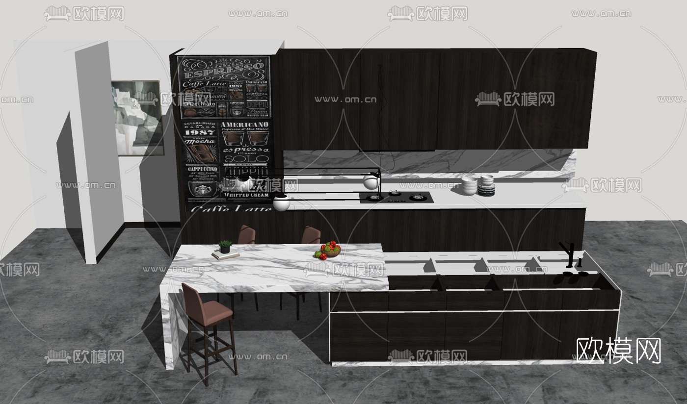 现代橱柜组合免费su模型下载（渲染图1）