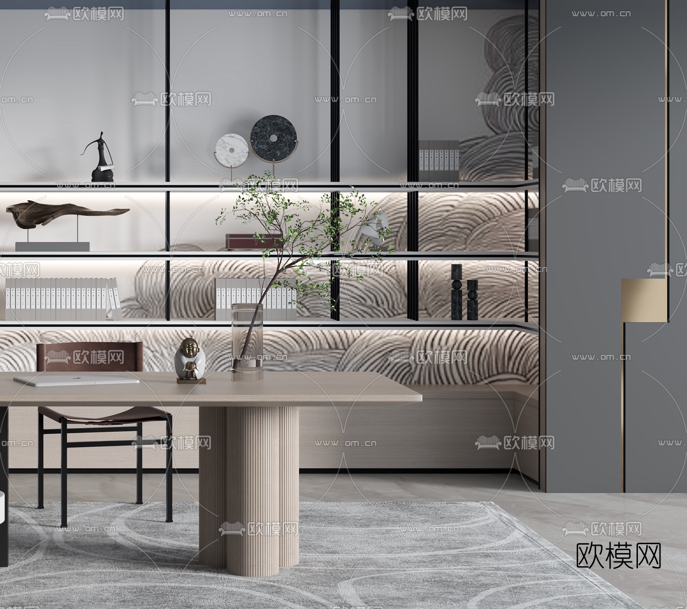 新中式实木书桌椅3d模型下载（渲染图3）