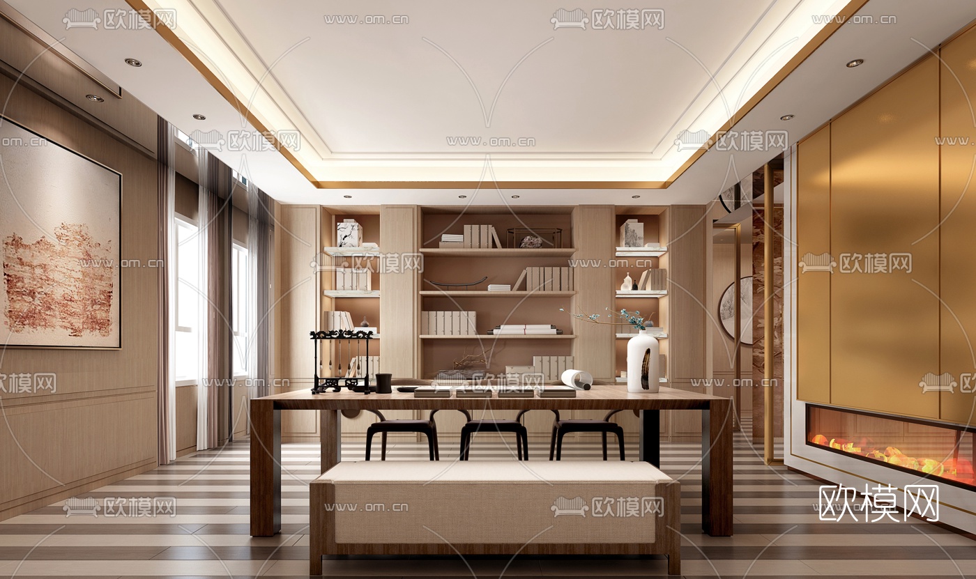 戴昆 新中式书房3d模型下载（渲染图1）