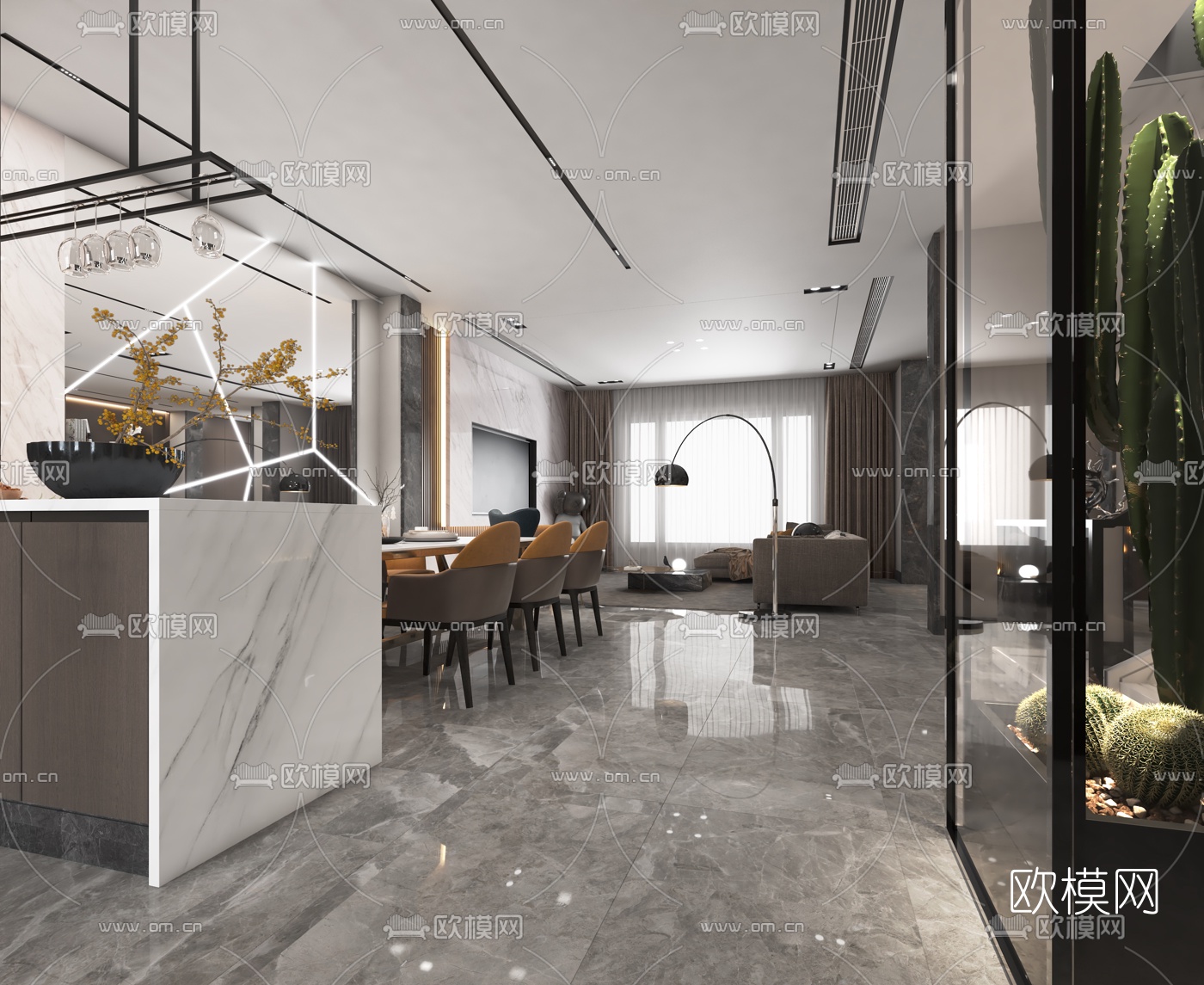 现代高级灰客厅餐厅3d模型