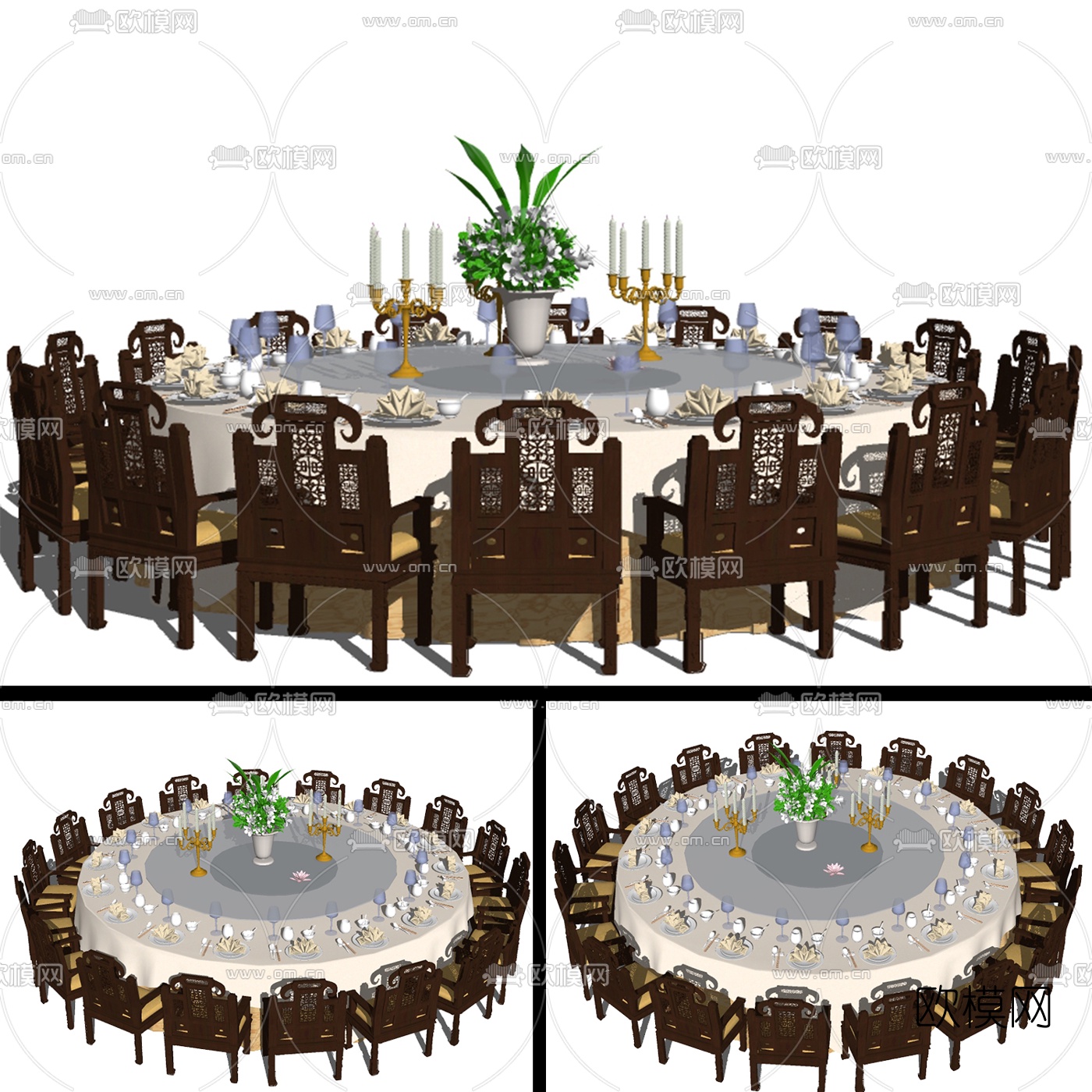 中式宴会餐桌椅组合免费su模型下载