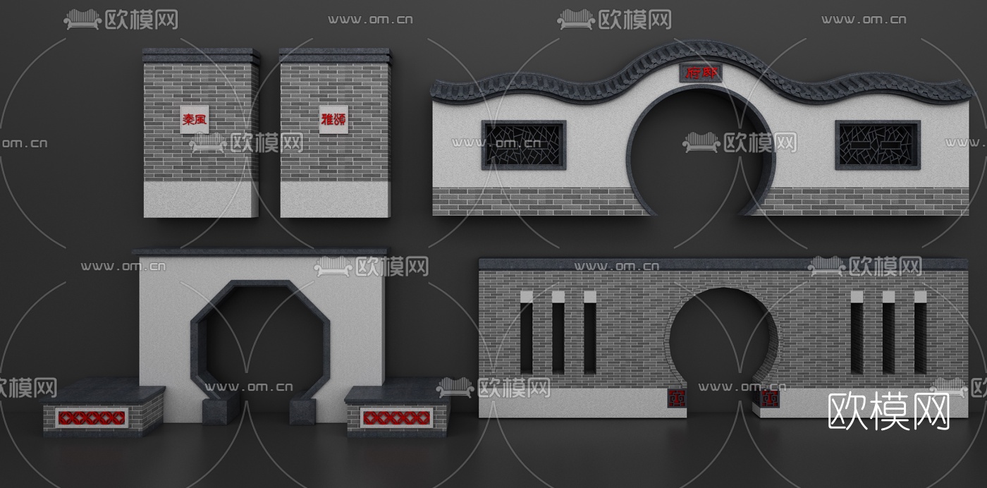 中式围墙月亮门3d模型