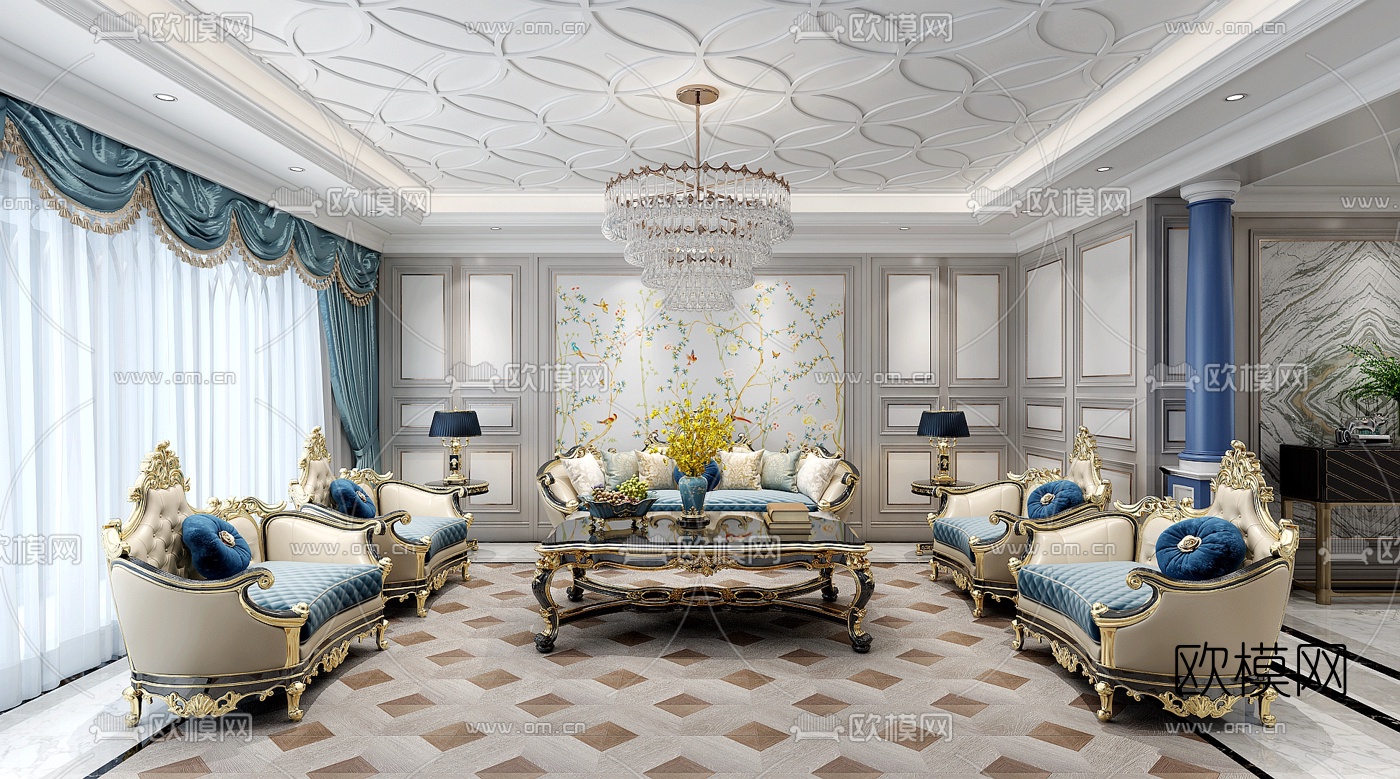 新古典客厅3d模型下载（渲染图1）