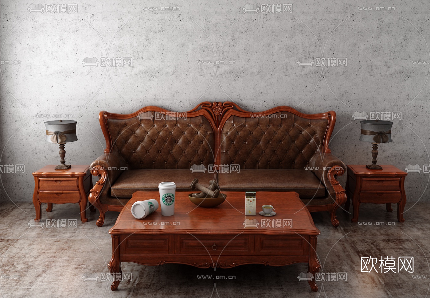 美式实木沙发组合3d模型下载（渲染图1）