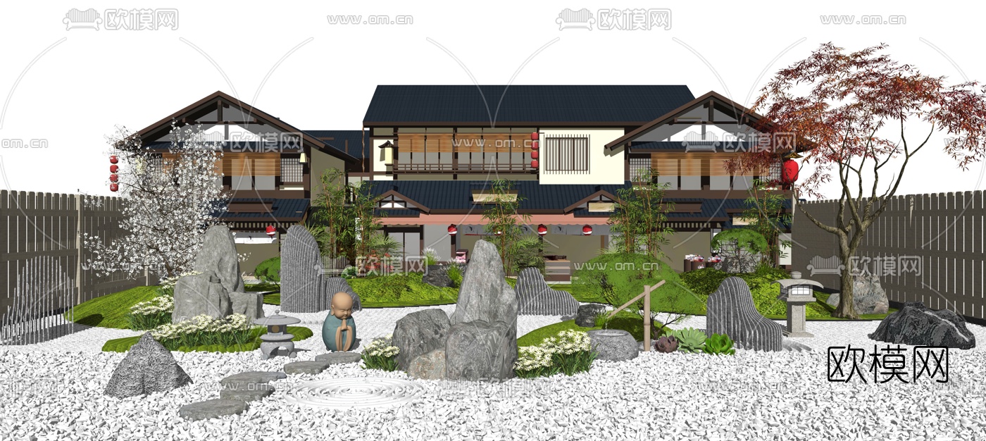 日式禅意枯山水庭院su模型下载