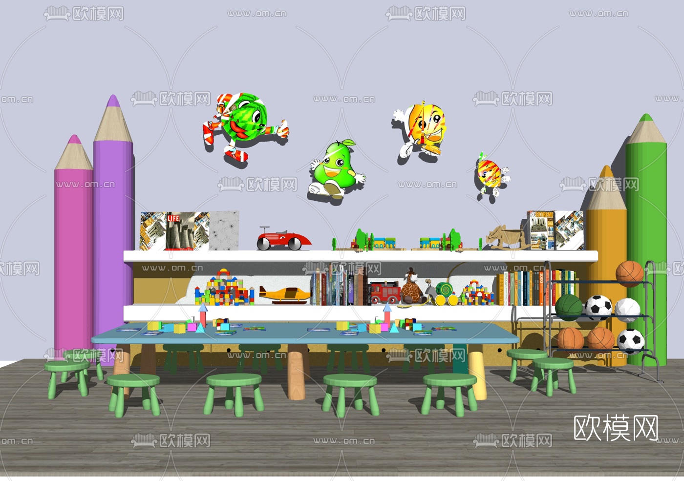 现代儿童桌椅装饰柜su模型下载