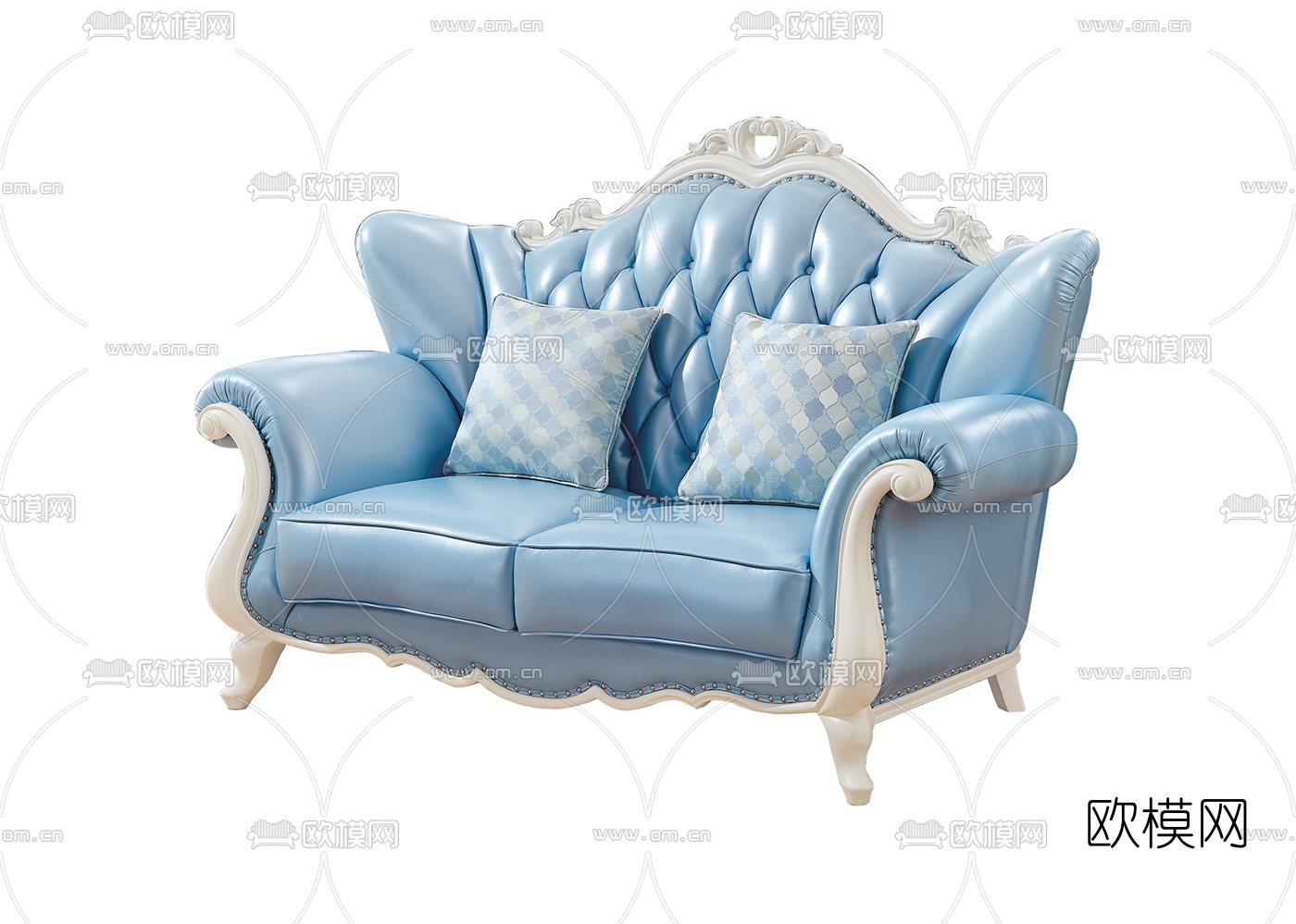 法式蓝色皮革双人沙发3d模型下载