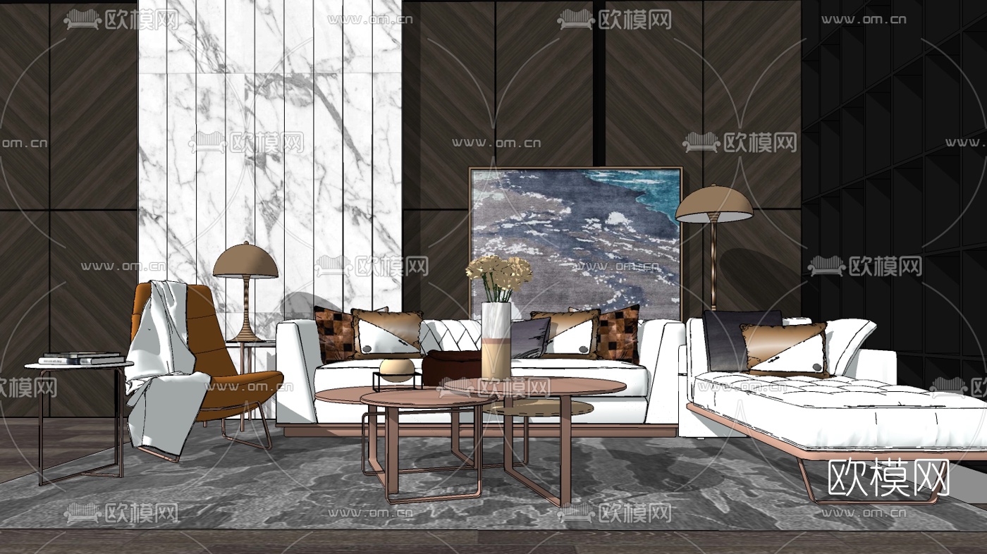 现代轻奢沙发组合su模型下载（渲染图1）