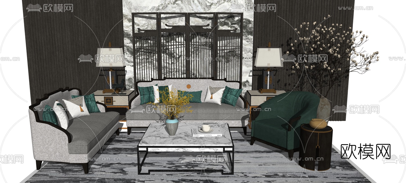 新中式沙发组合su模型下载（渲染图1）