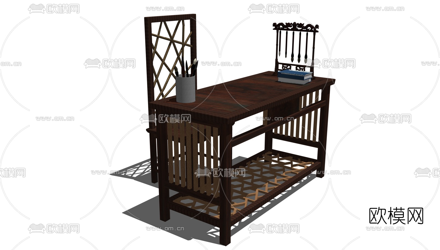 中式书桌组合su模型下载