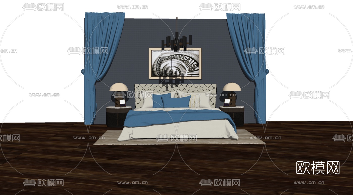 现代轻奢双人床组合su模型下载（渲染图2）