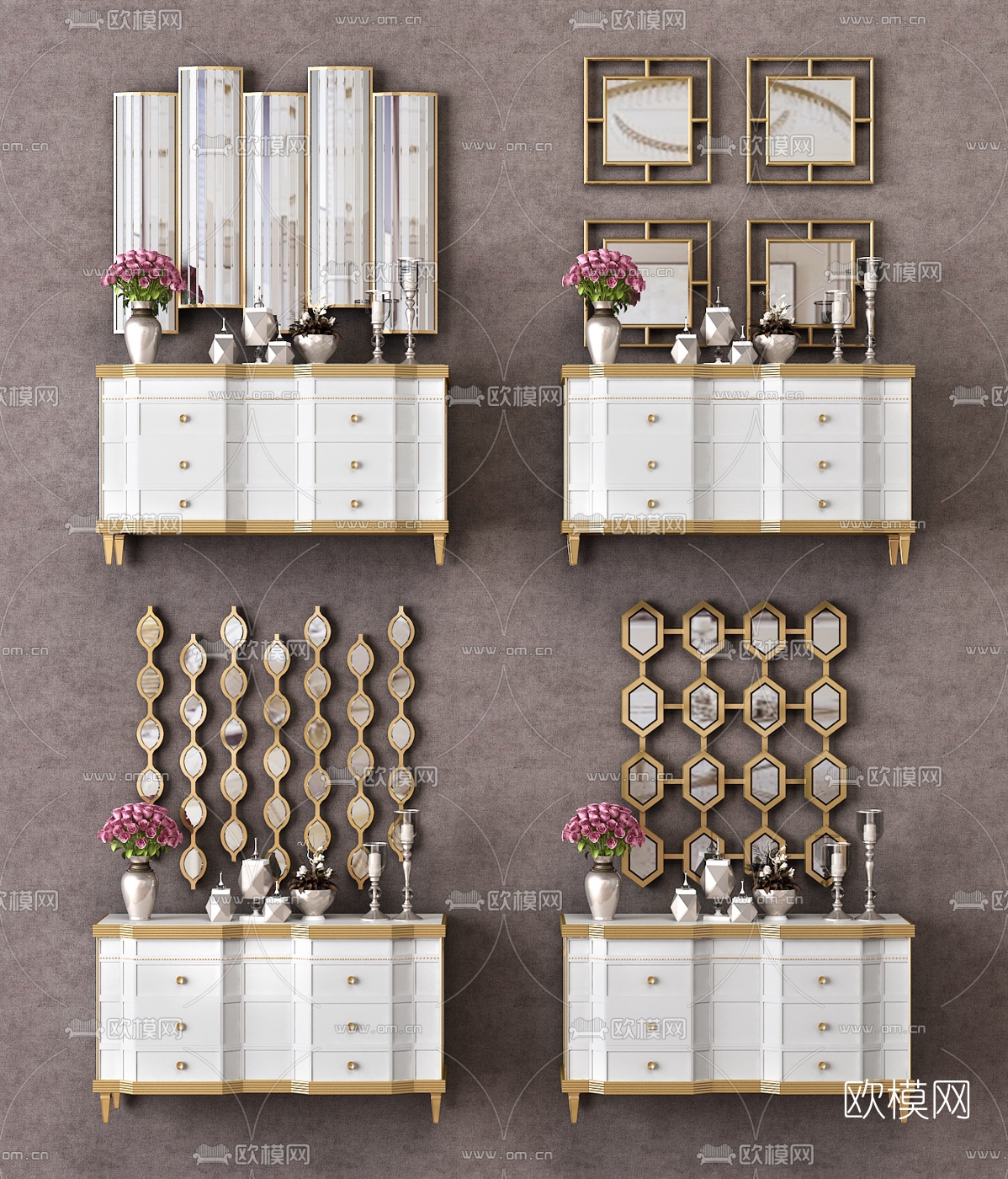 简欧玄关边柜装饰镜组合3d模型下载