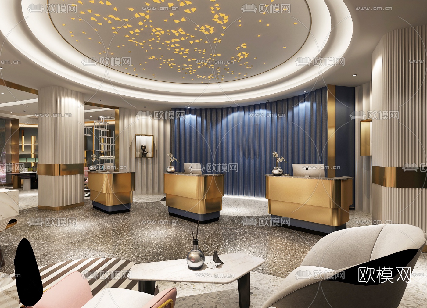 现代酒店大堂接待区3d模型下载（渲染图1）