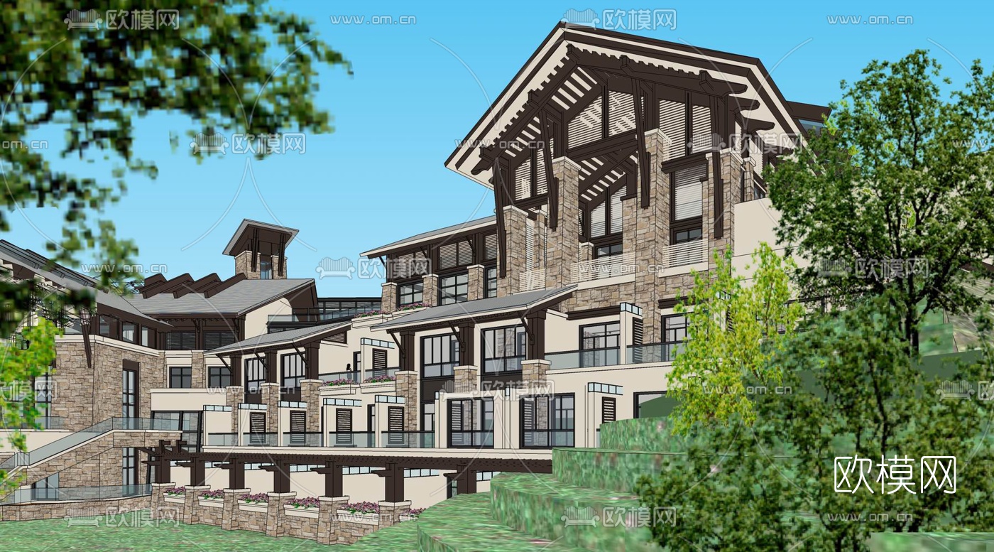 东南亚山地滨水酒店su模型下载（渲染图3）