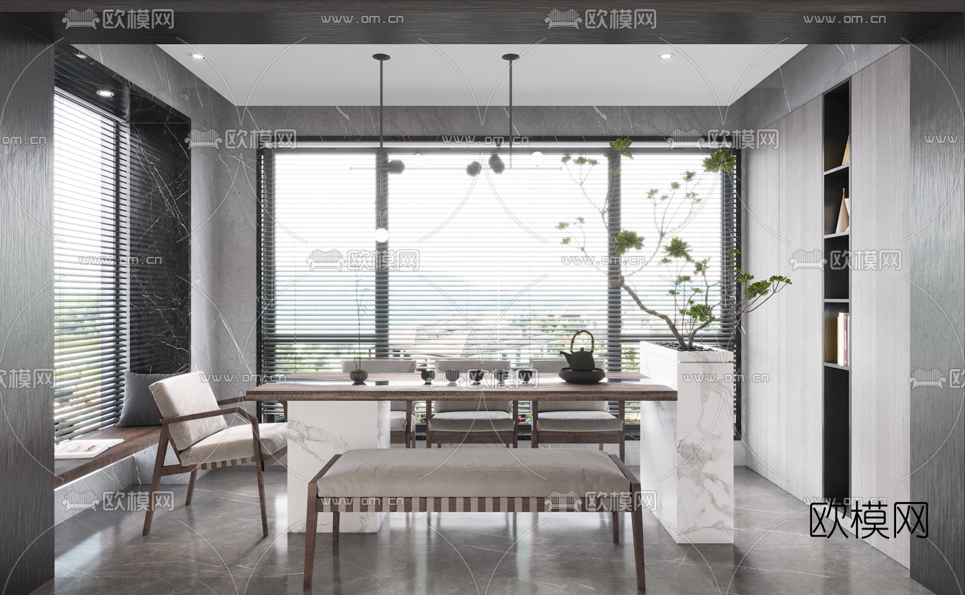 现代轻奢客厅餐厅3d模型