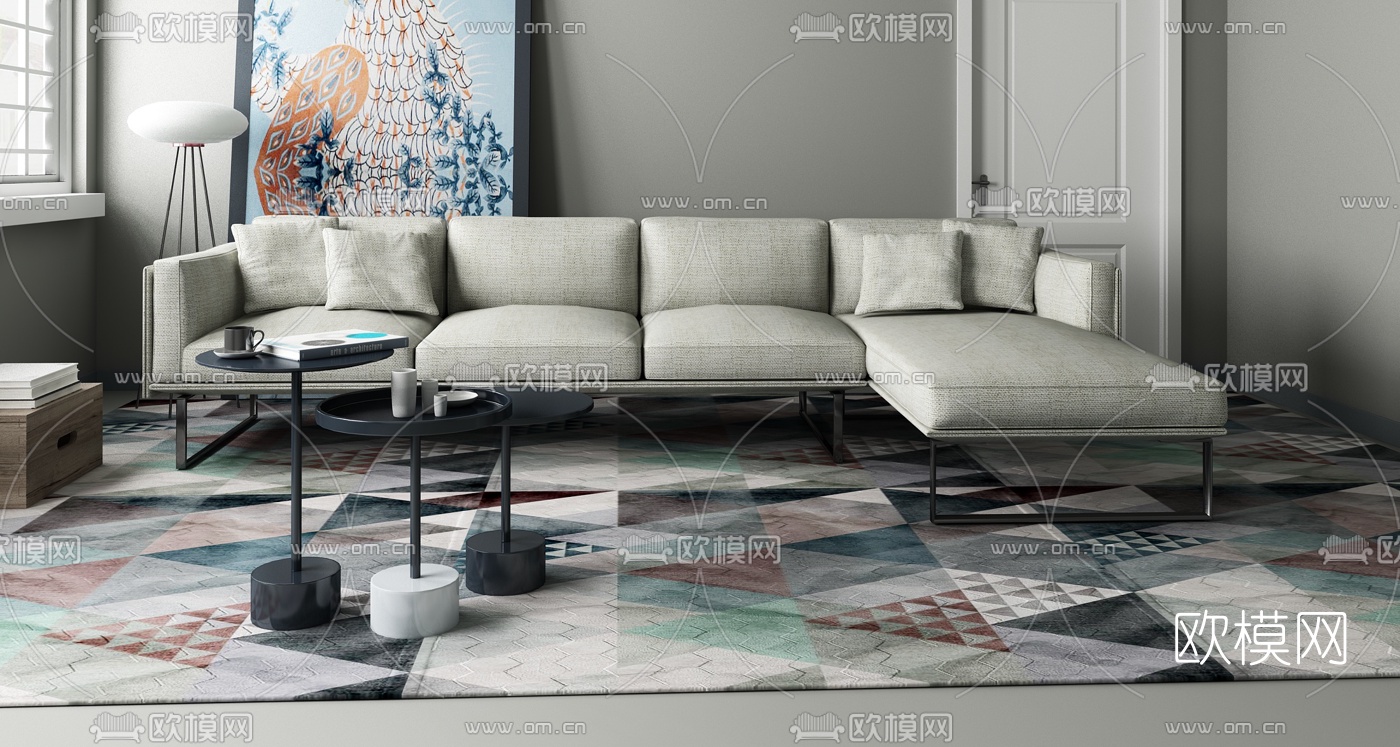 现代布艺转角沙发组合3d模型