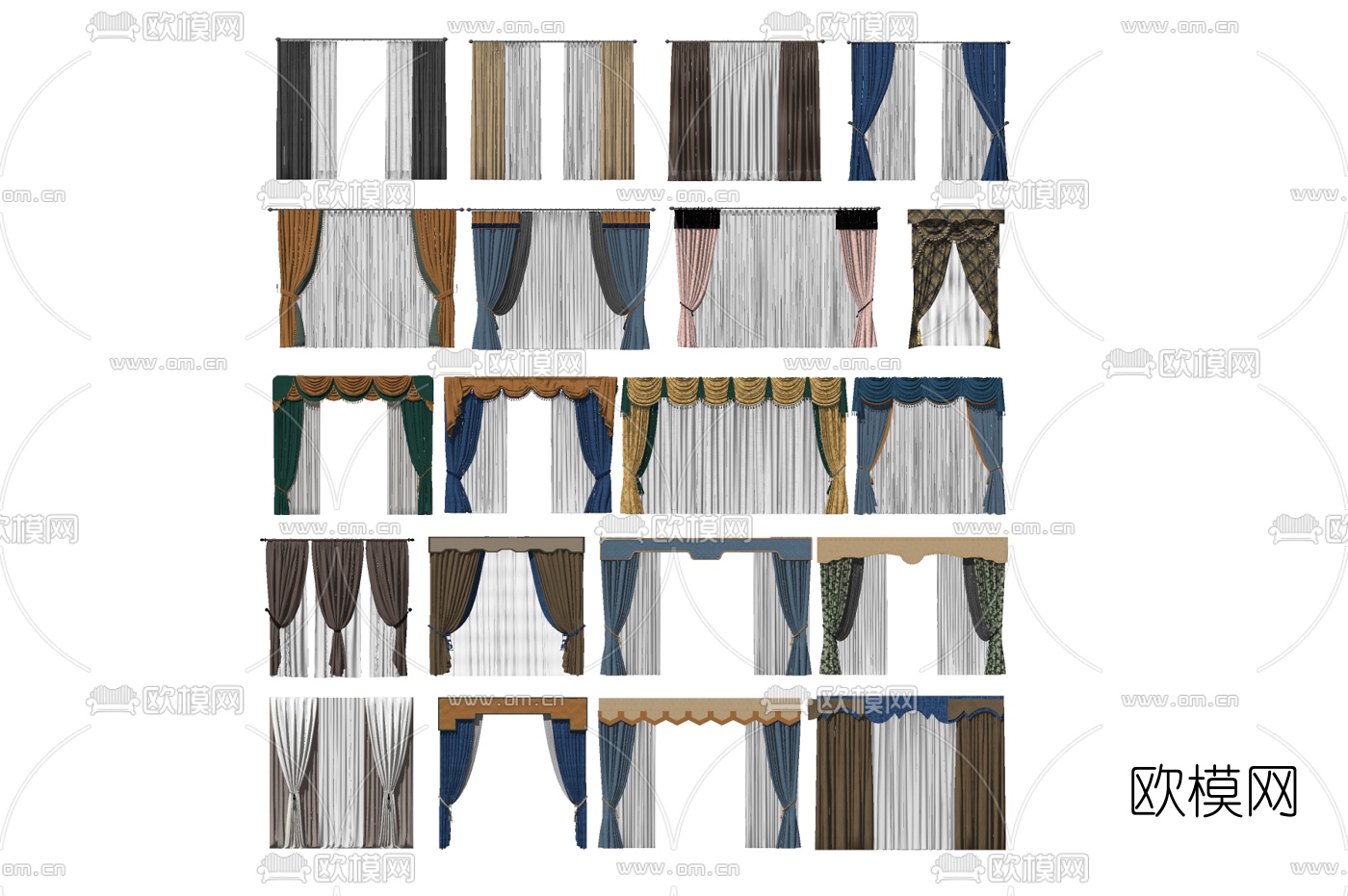简欧布艺窗帘su模型下载