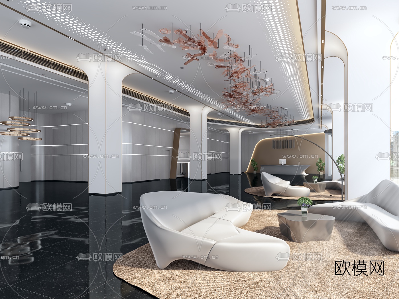 现代办公大厅大堂前台3d模型-免费3dmax模型库-欧模网
