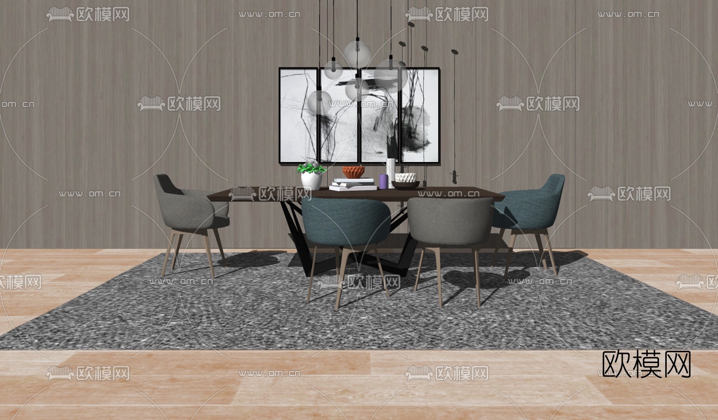 北欧简约餐桌椅组合su模型下载（渲染图2）