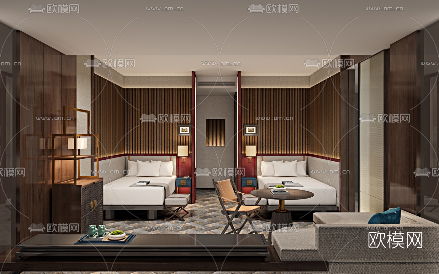 新中式酒店客房su模型下载（渲染图1）
