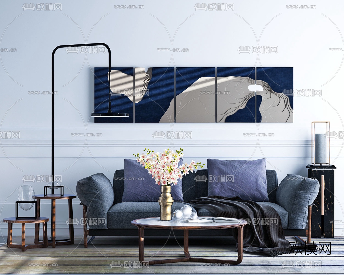 新中式多人沙发茶几3d模型下载