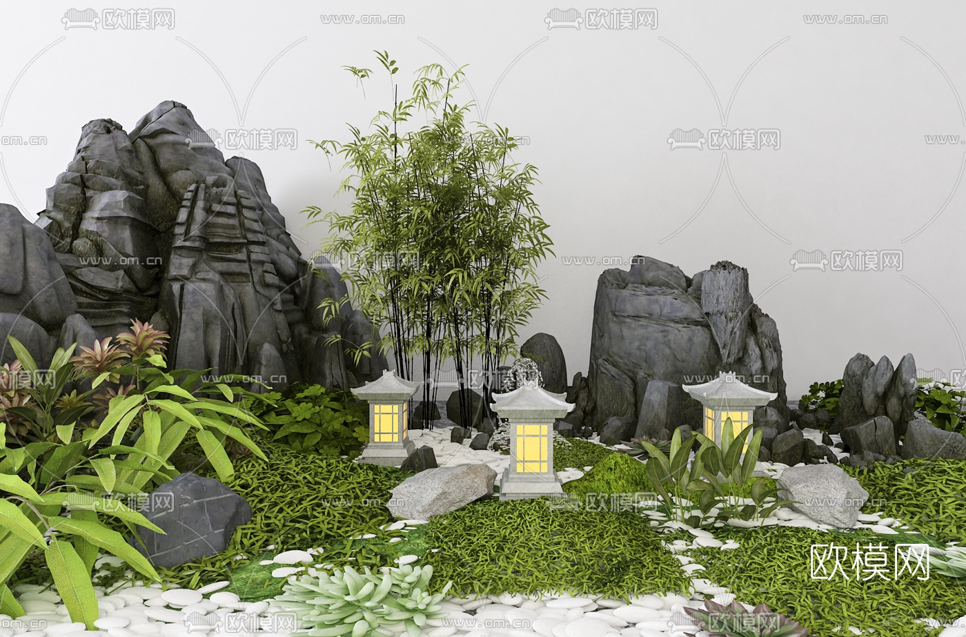 现代假山石头绿植景观小品3d模型下载