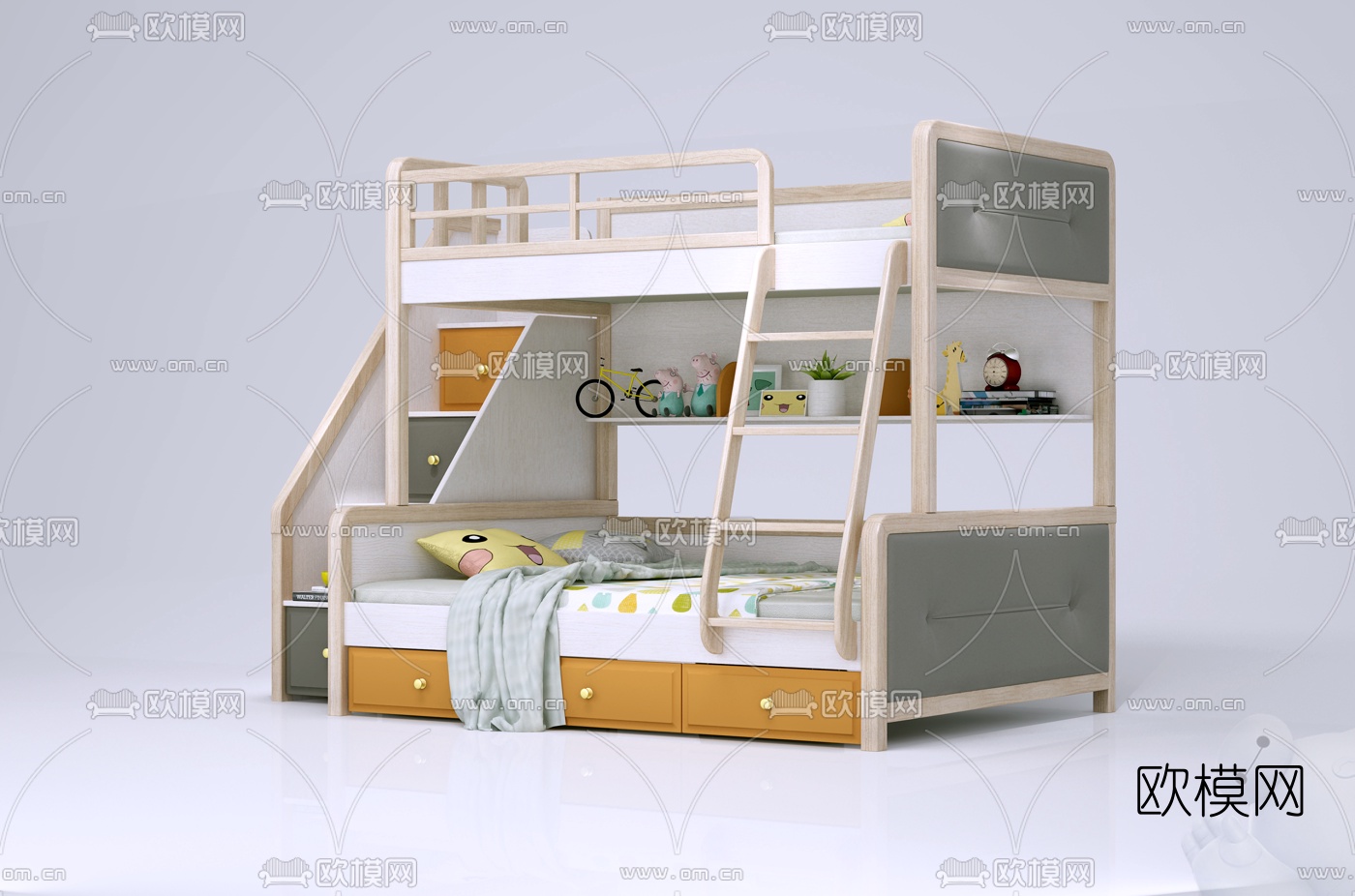 北欧实木儿童高低床su模型下载（渲染图4）