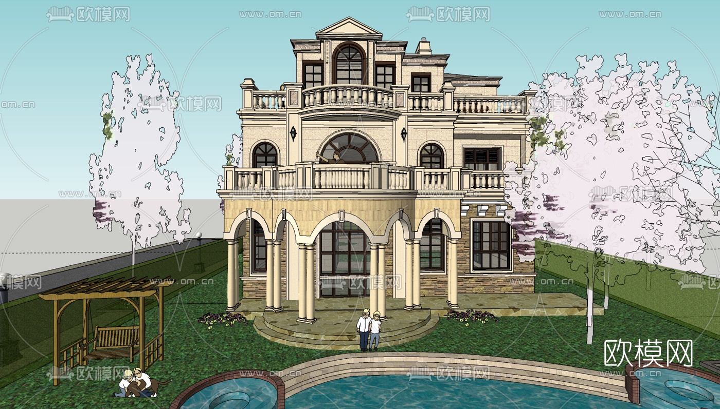 欧式独栋别墅su模型下载（渲染图1）