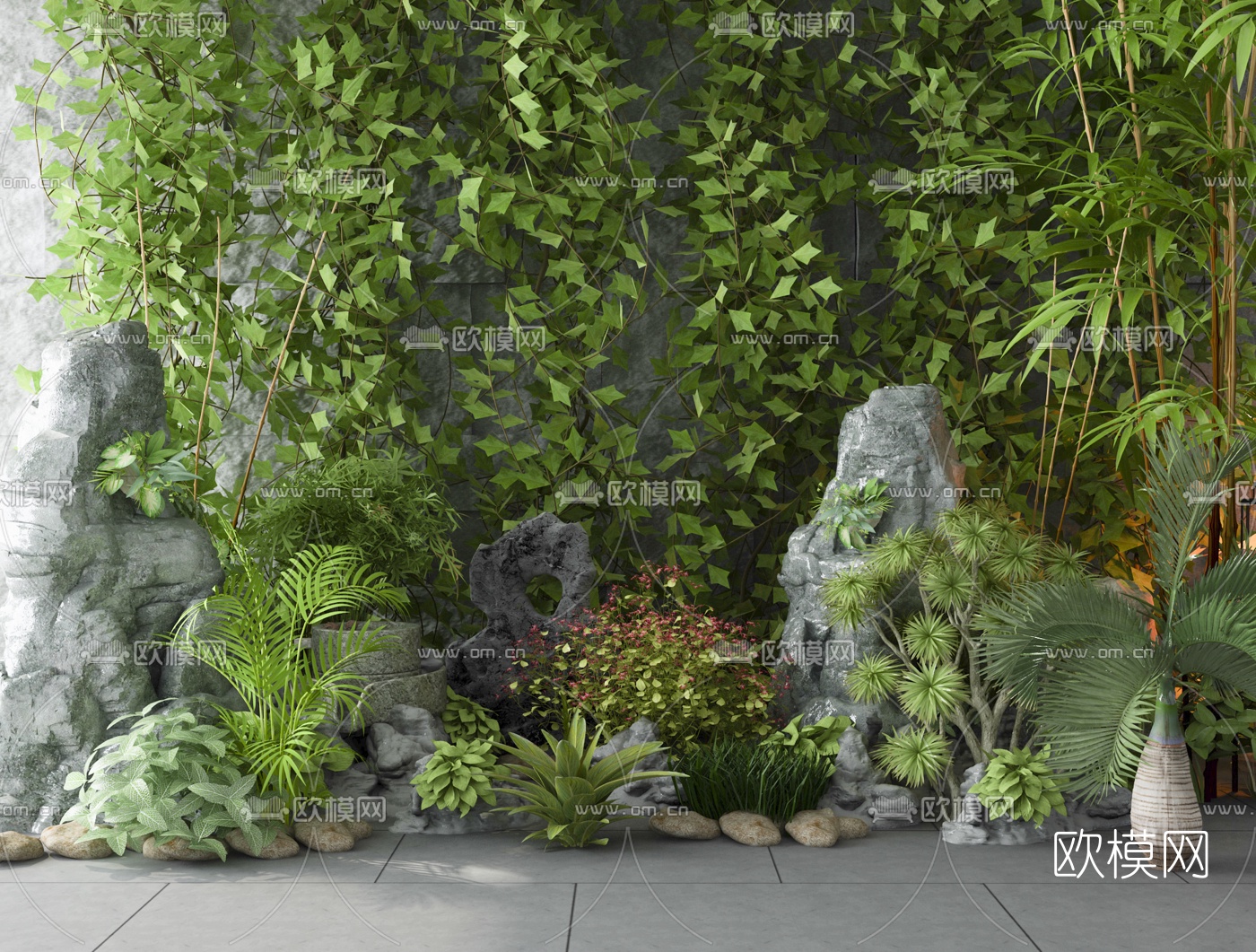 现代绿植假山3d模型下载