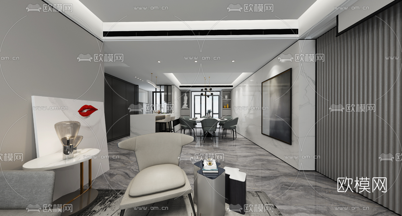 现代客厅餐厅VR全景3d模型