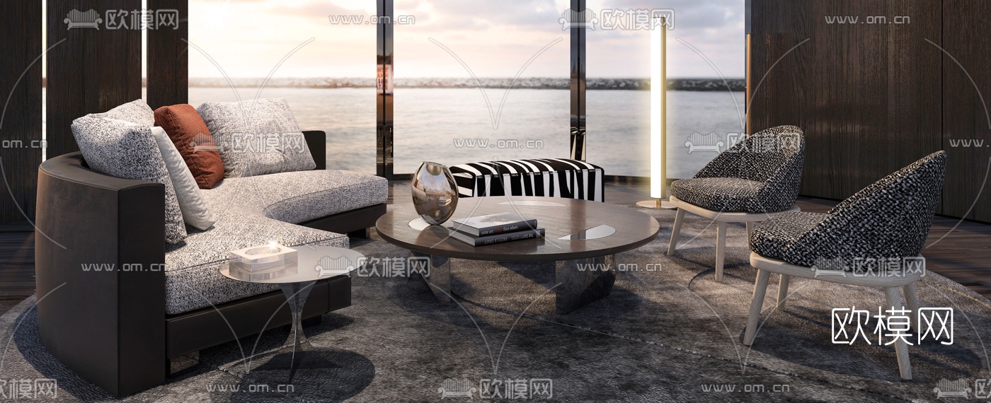 意大利Minotti品牌 现代弧形沙发组合3d模型下载（渲染图2）