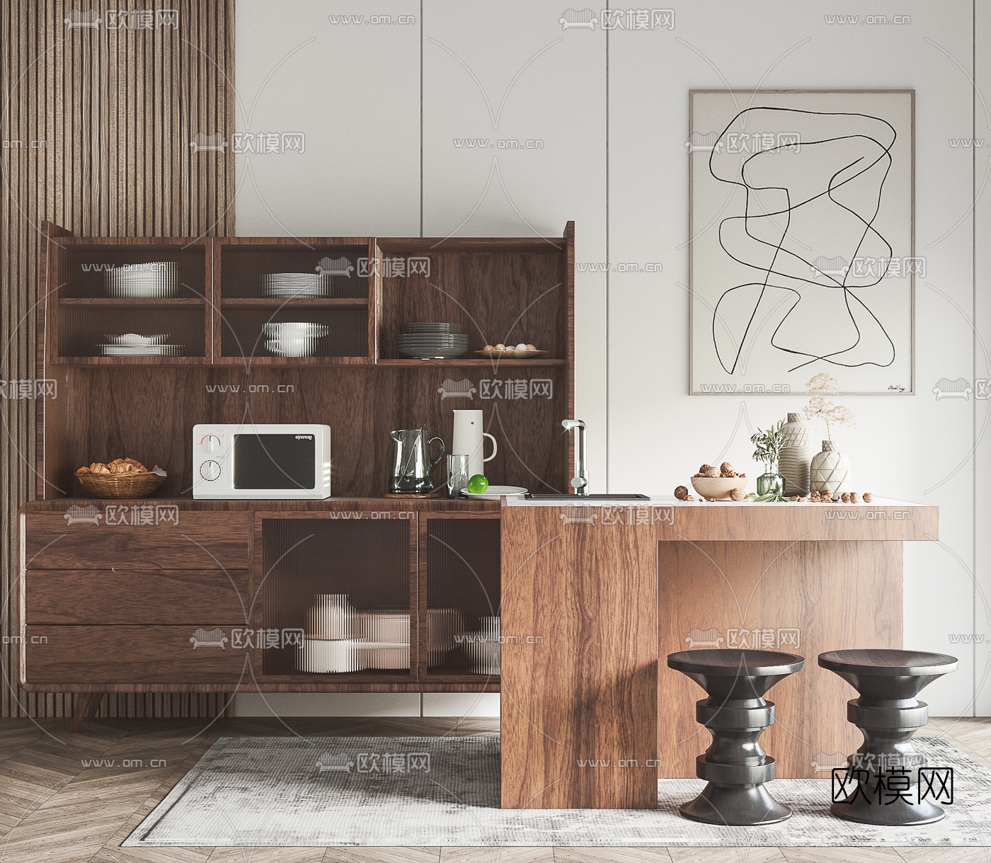 北欧橱柜中岛柜3d模型下载