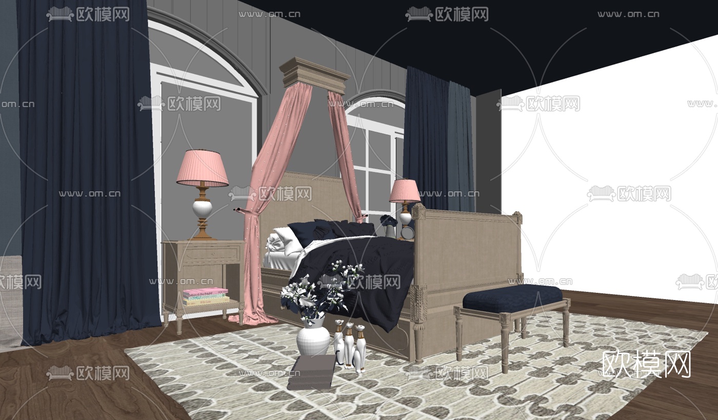 欧式单人床su模型下载（渲染图2）
