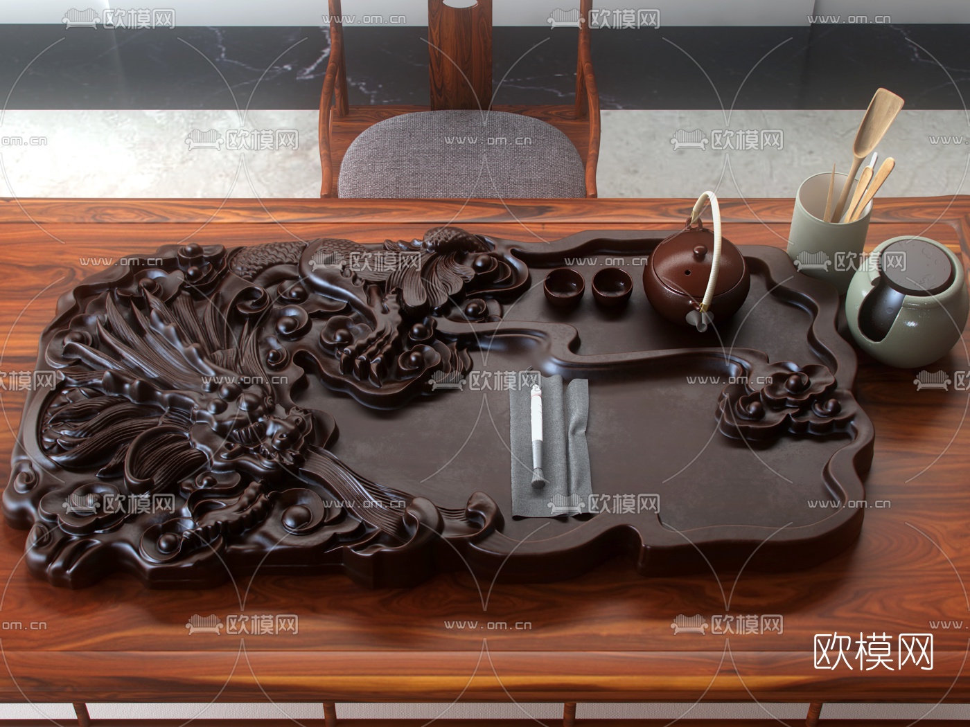 中式茶盘茶具组合3d模型下载（渲染图1）