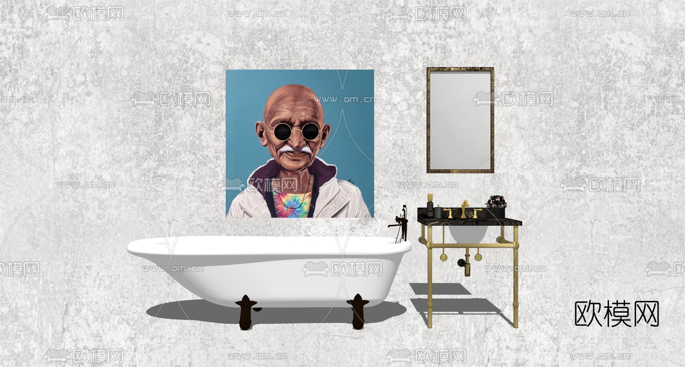 现代浴缸洗手台su模型下载