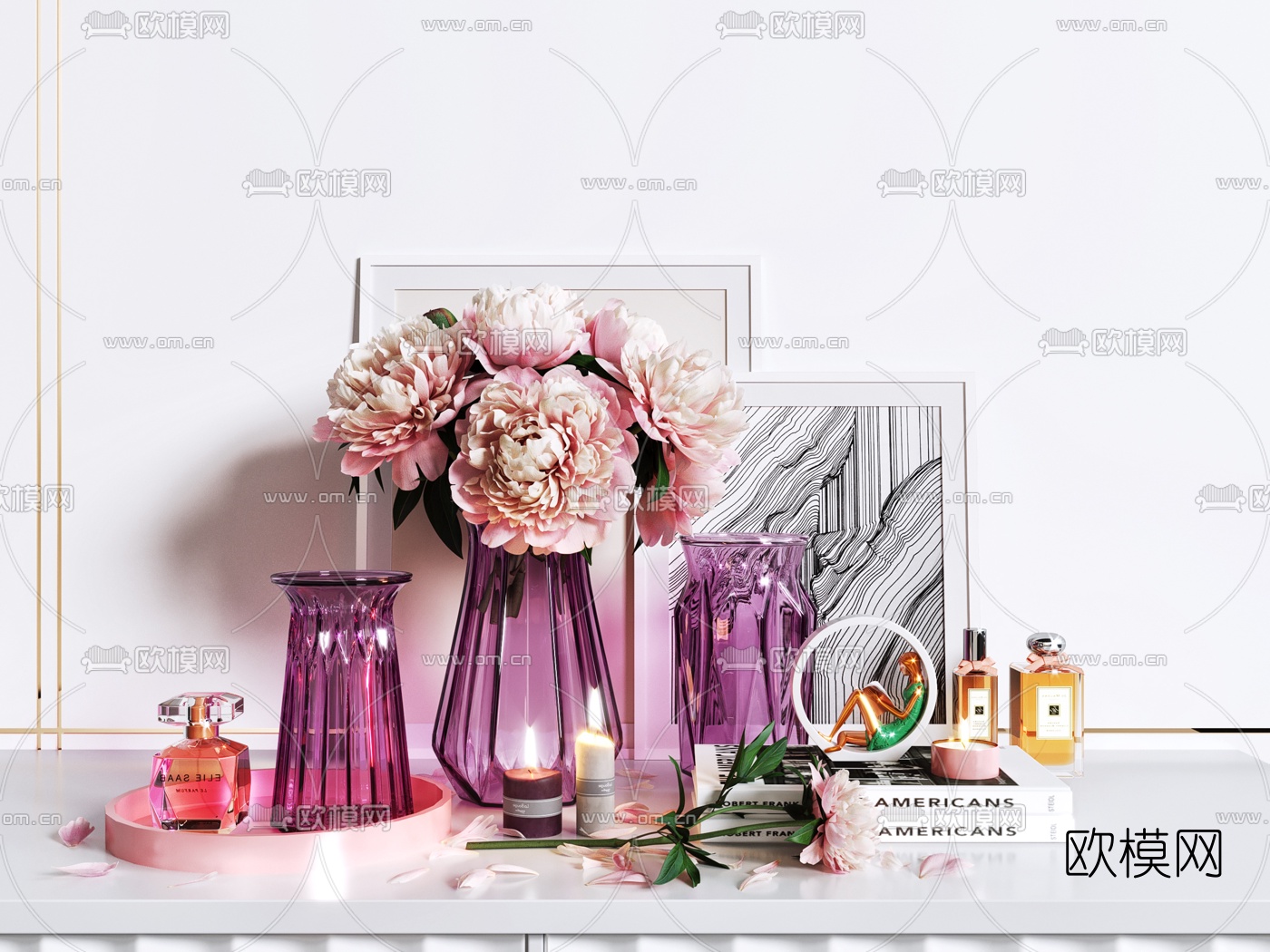 欧式牡丹花瓶书籍装饰画饰品摆件3d模型下载