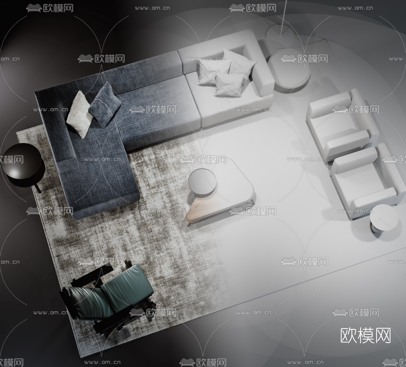 意大利Cassina品牌 现代布艺组合沙发茶几3D模型下载（渲染图2）