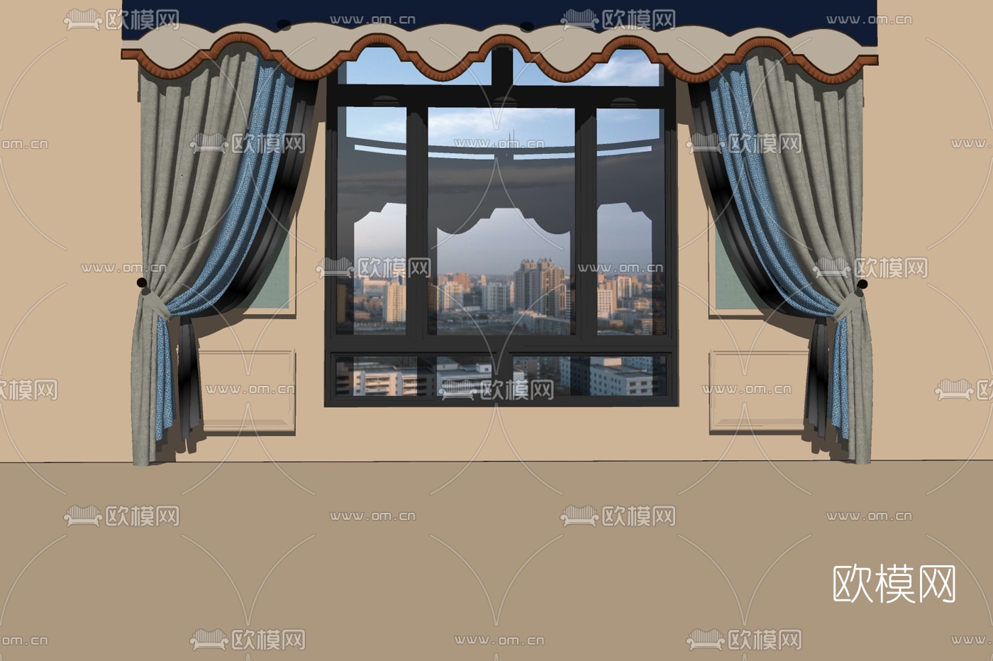 美式布艺窗帘su模型下载