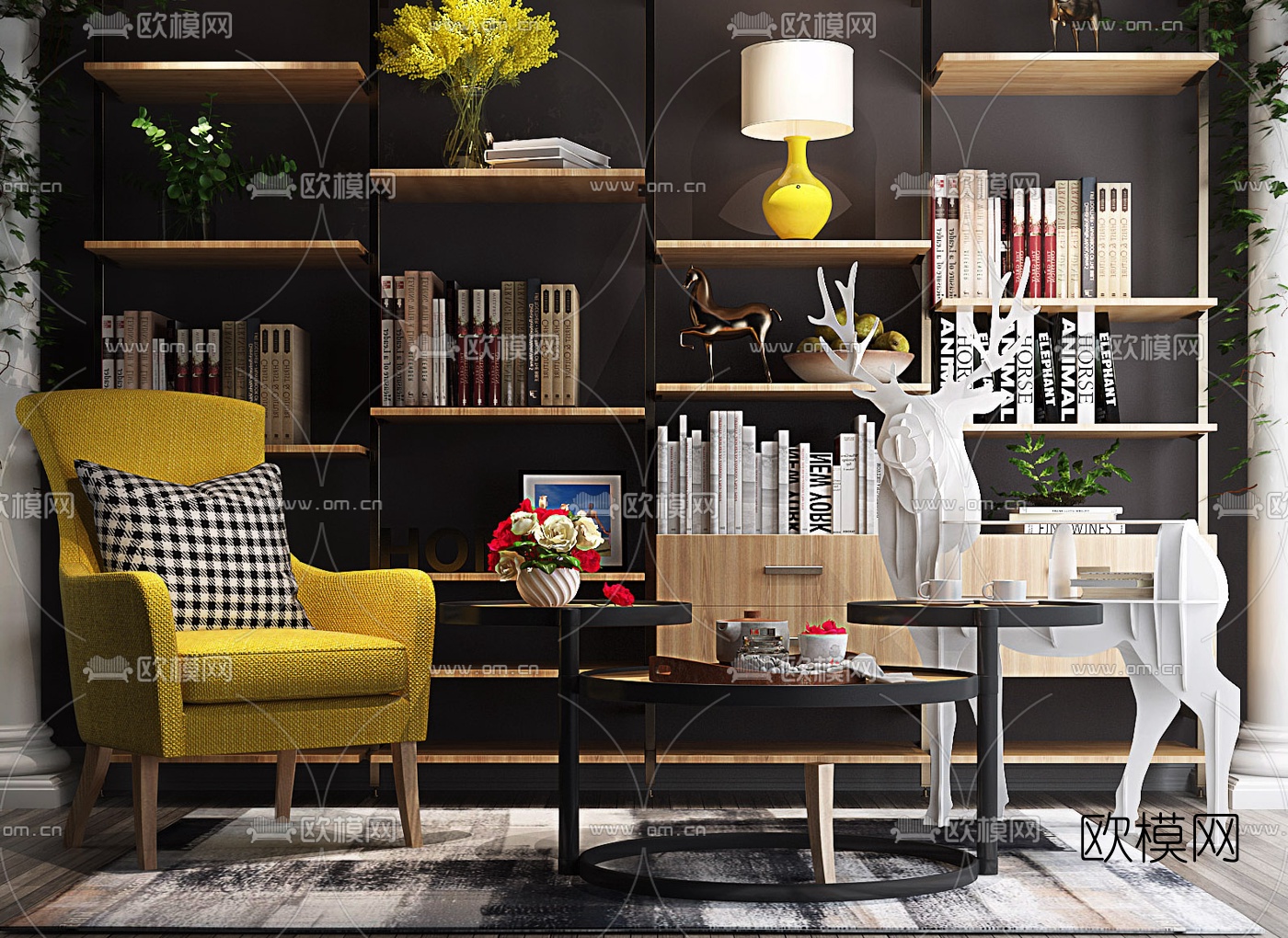 北欧书架休闲椅组合3d模型下载