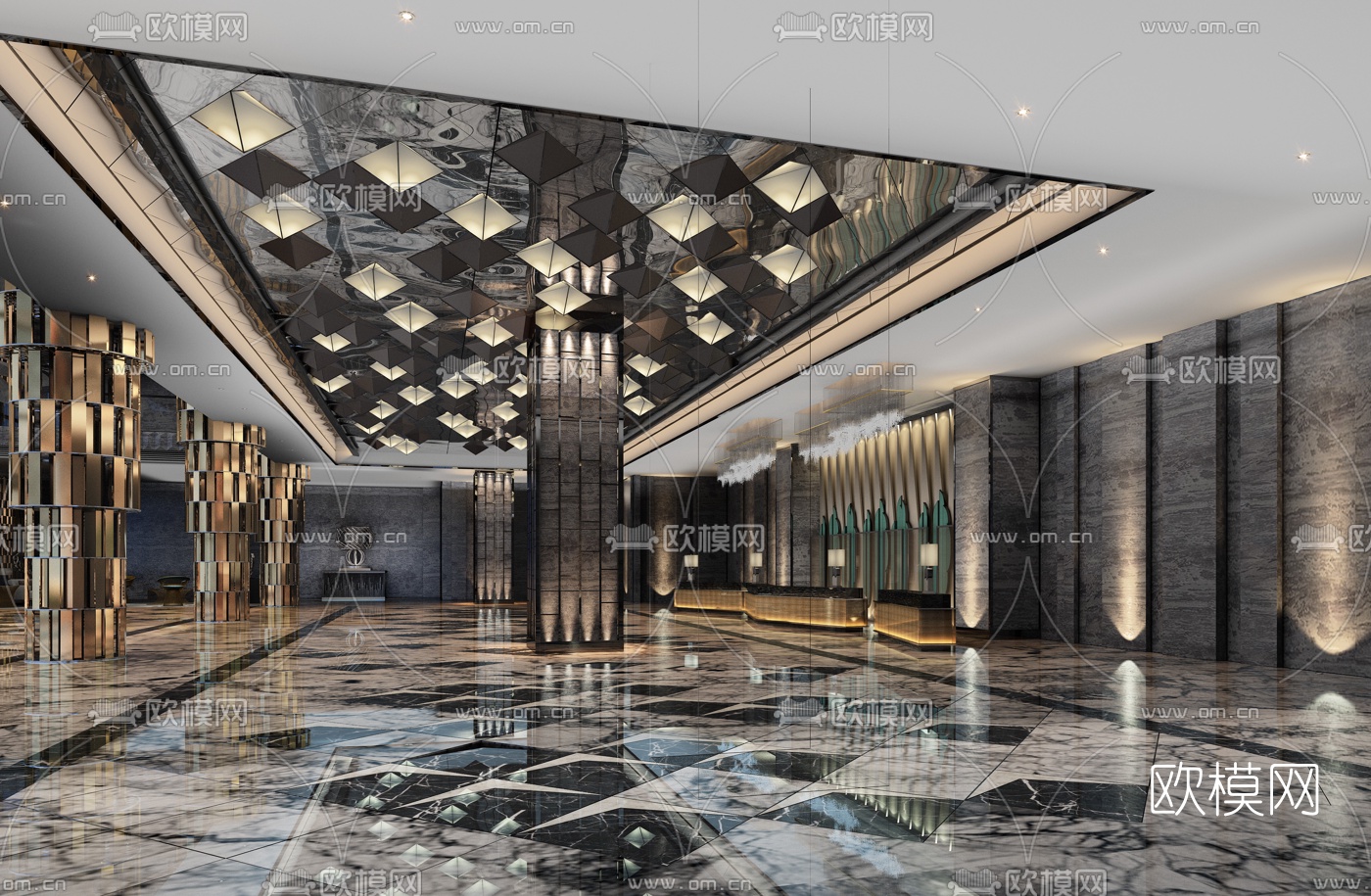 新中式酒店前台大堂3d模型