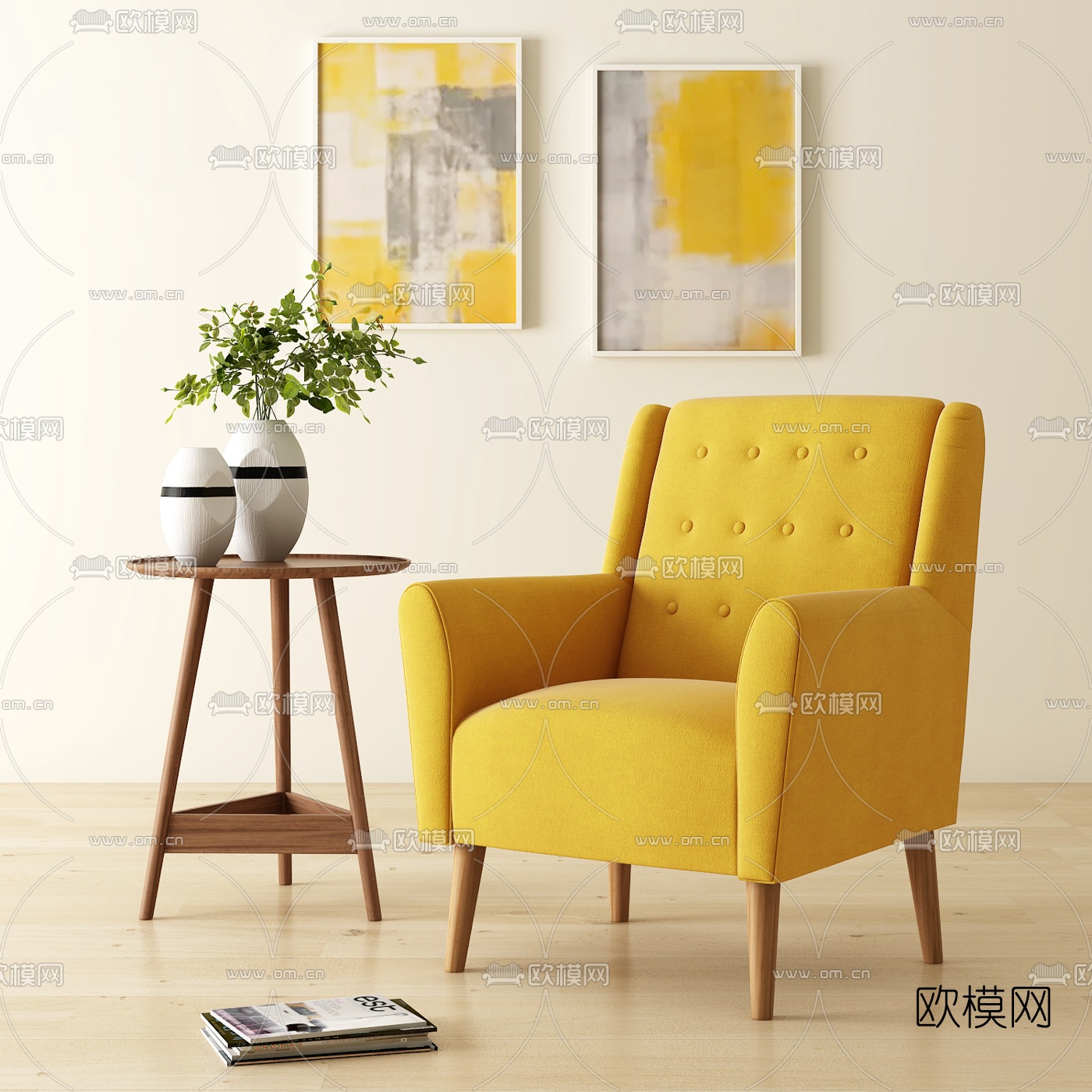 北欧布艺休闲沙发边几组合3D模型下载