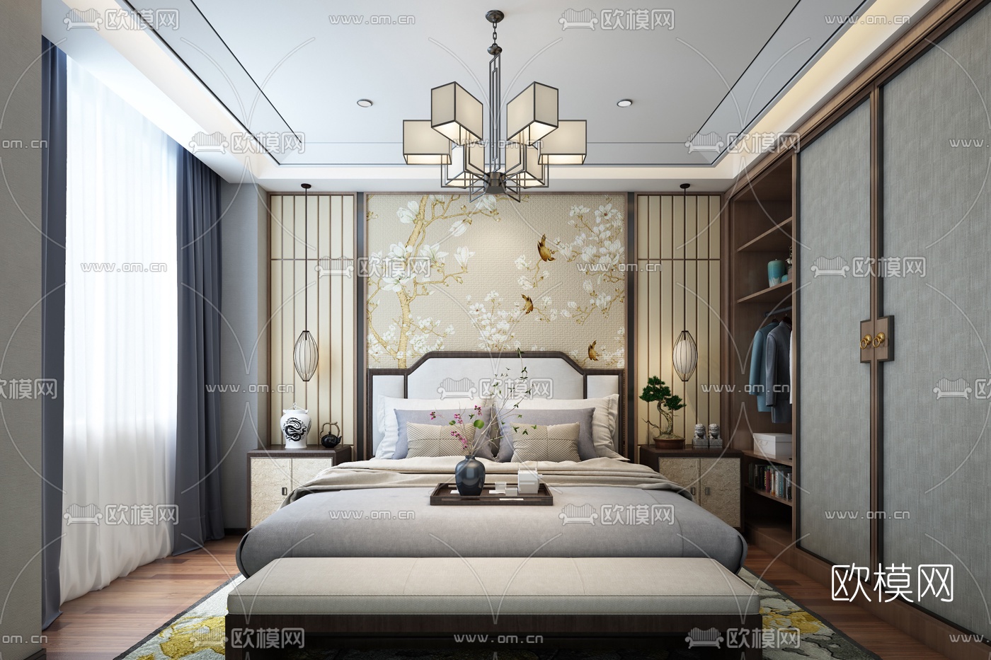 新中式主卧室3d模型下载_ID10491473_3dmax免费模型-欧模网