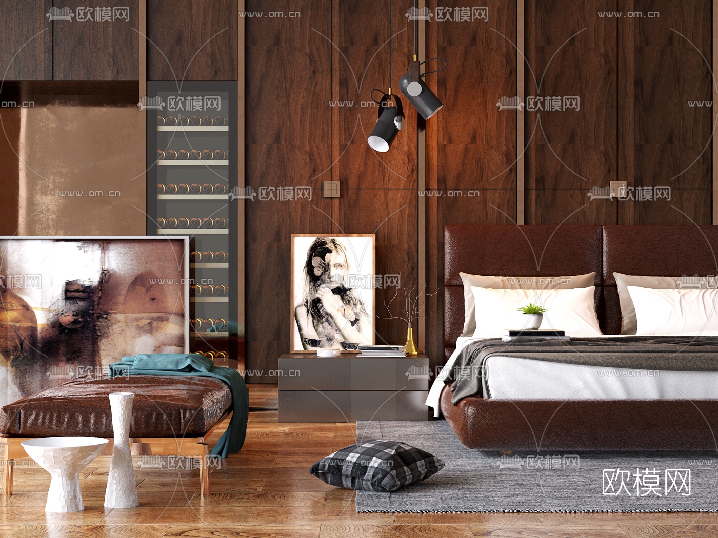 美式皮革双人床3d模型下载