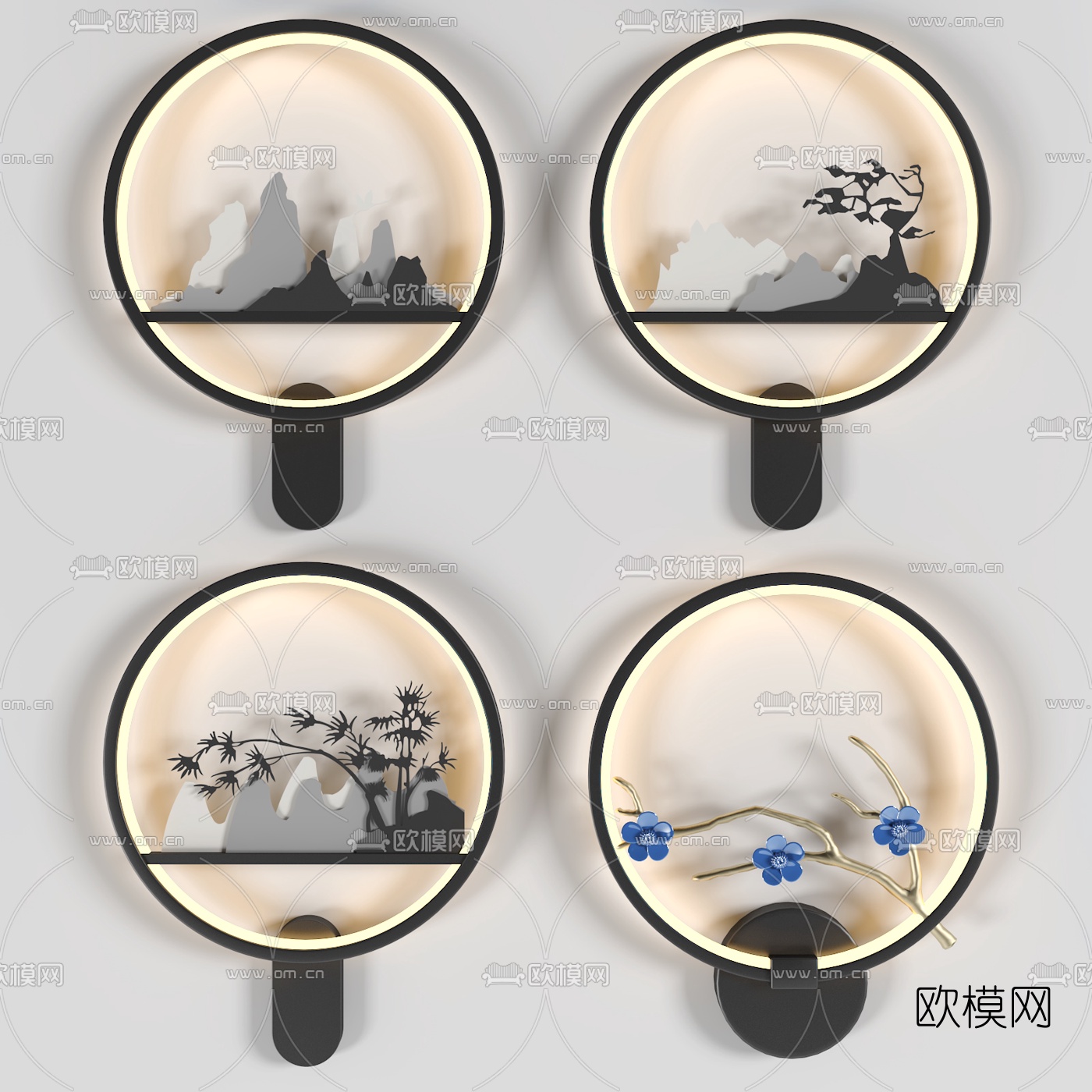 新中式圆形壁灯3d模型下载