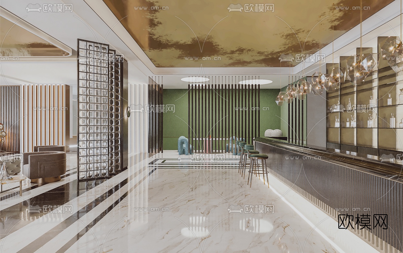 现代轻奢酒店大堂吧3d模型下载（渲染图3）