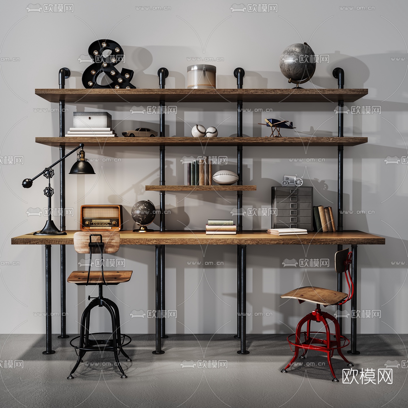 工业风书桌椅书架3d模型下载（渲染图3）