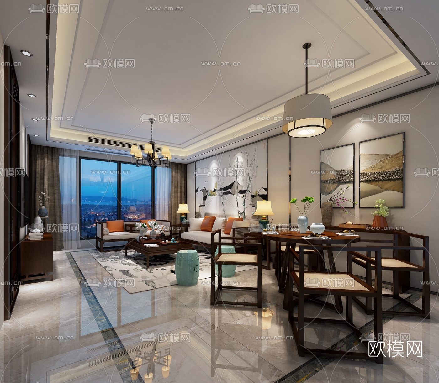 中式客厅餐厅3D模型下载