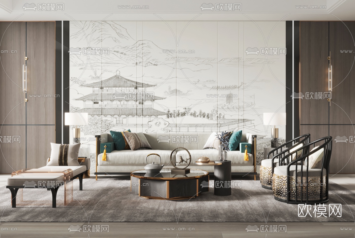 新中式布艺沙发组合3d模型下载