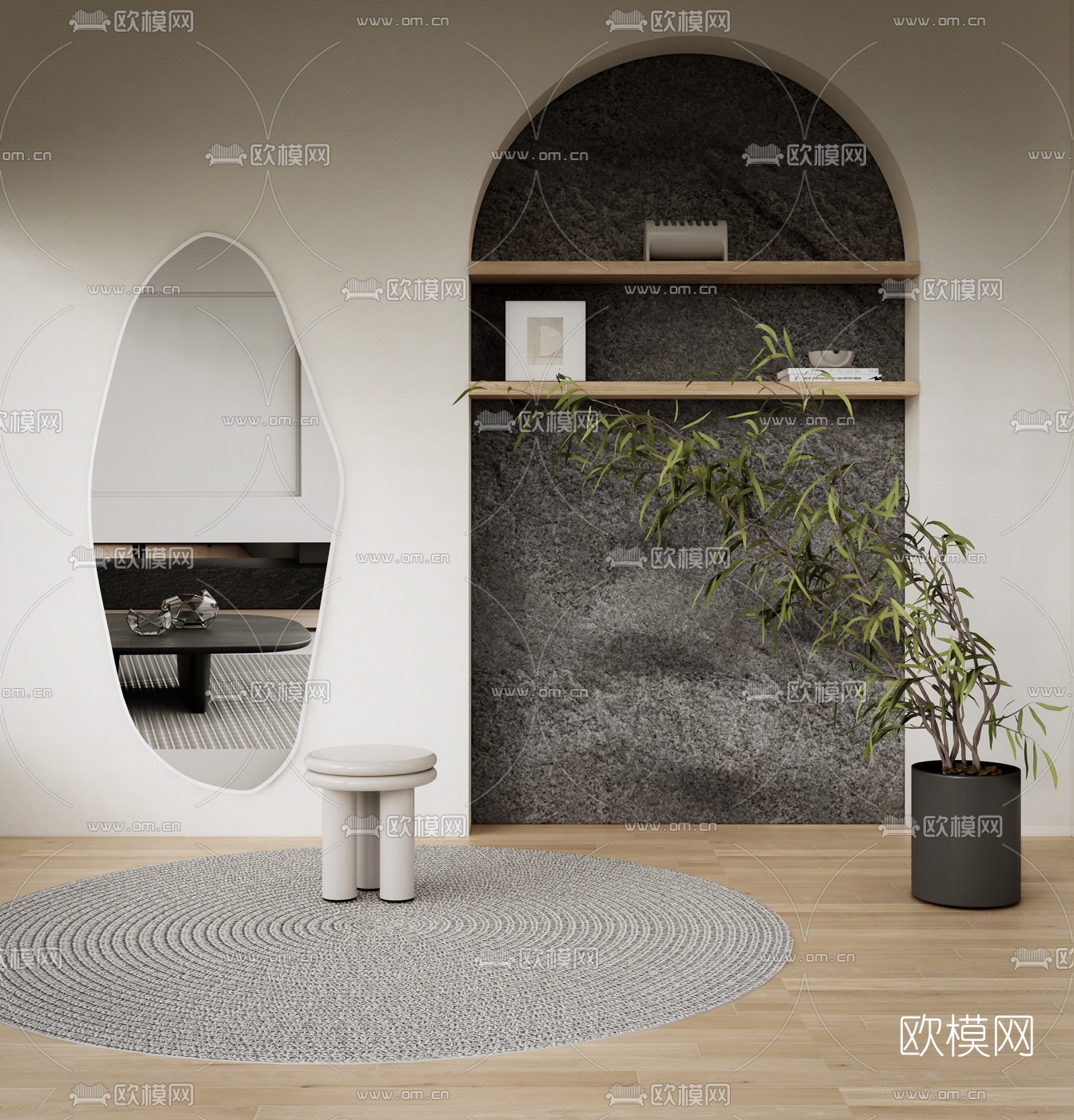 现代穿衣镜换鞋凳su模型下载（渲染图1）